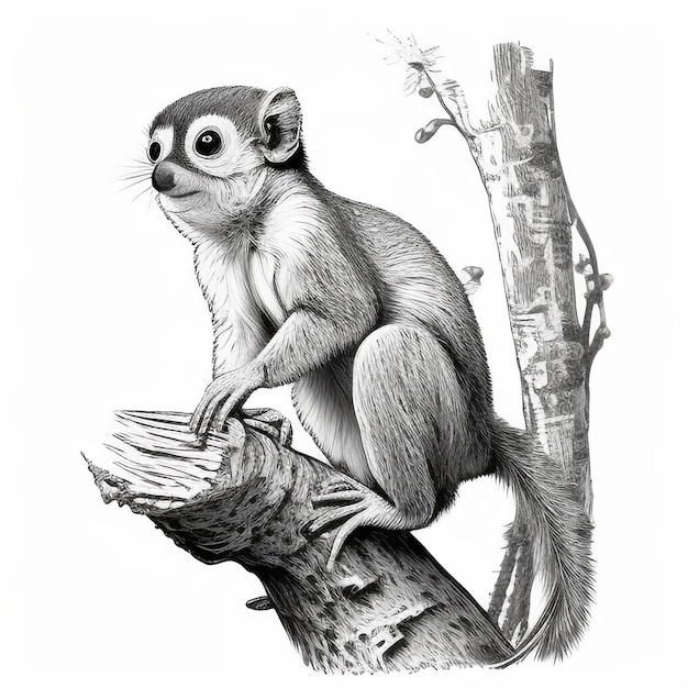 A drawing of a squirrel on a branch with a tree in the background.