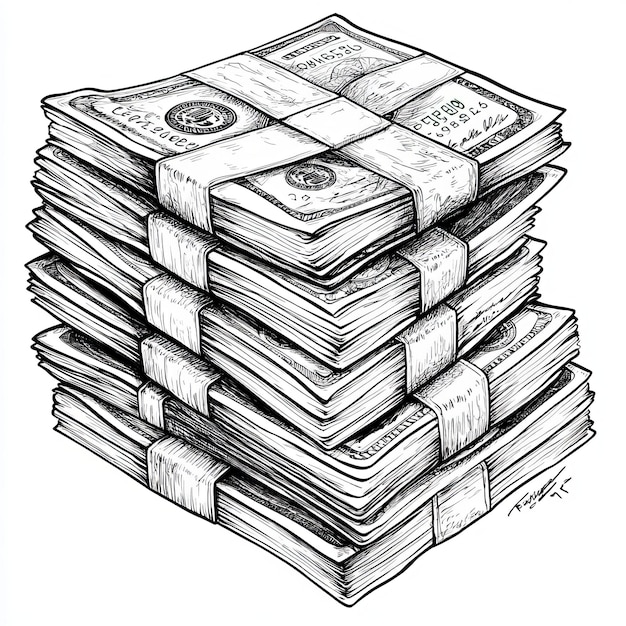 Photo a drawing of a stack of money with a pen and ink drawing of a stack of money