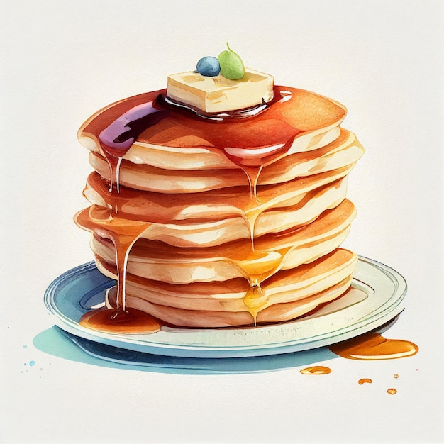 Drawing of a stack of pancakes on a saucer with honey Generative AI