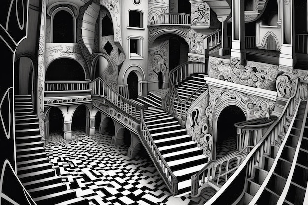 A drawing of a staircase with a black and white pattern.