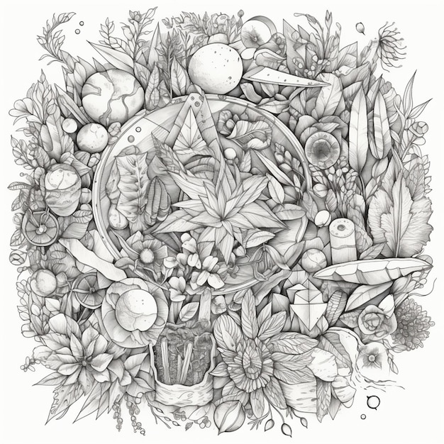 A drawing of a star surrounded by plants and a star.