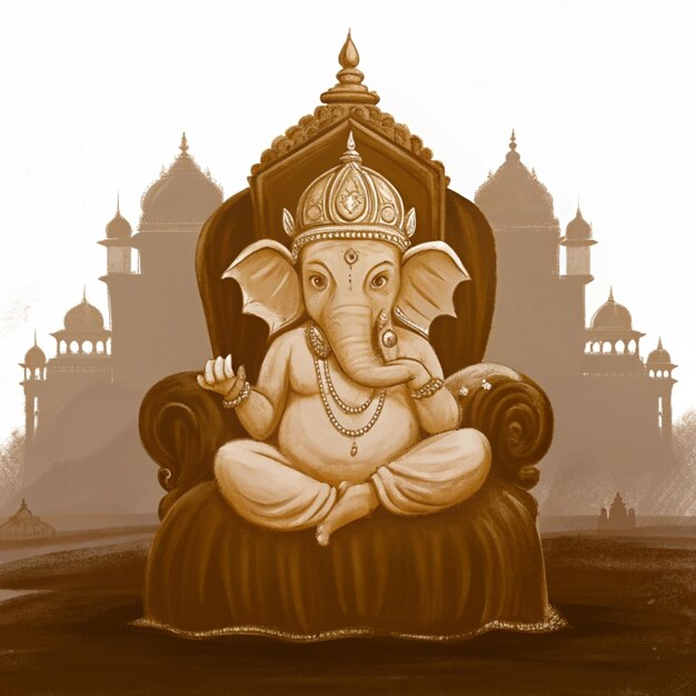 a drawing of a statue of an elephant with a temple in the background