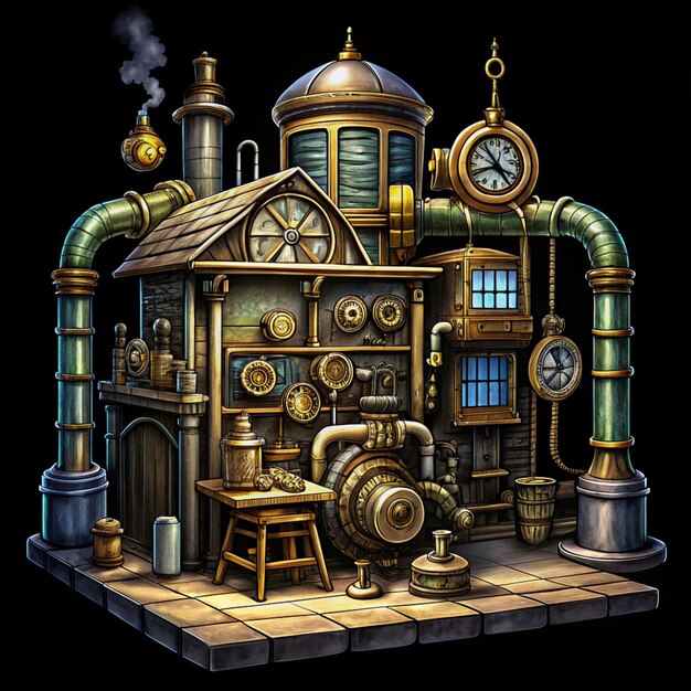 Photo a drawing of a steam engine room with a clock and steam