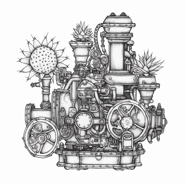 Drawing of a steam engine with a cactus plant on top generative ai