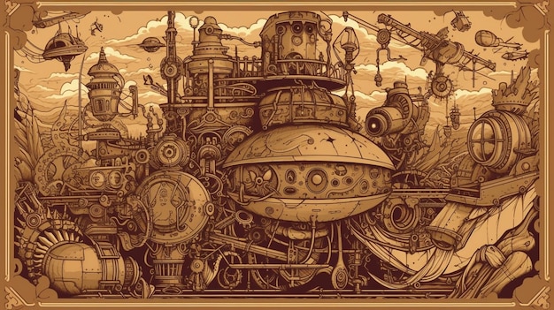 A drawing of a steampunk style machine with a large machine and a large number of gears.