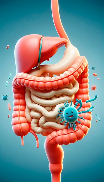 a drawing of a stomach with a blue background and a cartoon image of a person with a blue face and a blue dot on the bottom