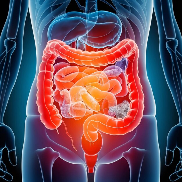 Photo a drawing of a stomach with a blue background and a red section