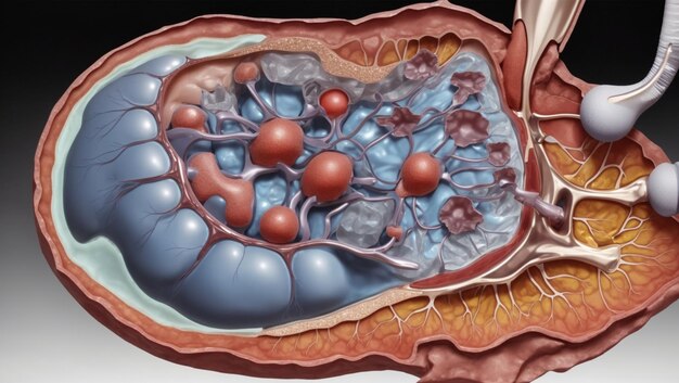 Photo a drawing of a stomach with a blue section and a red brain