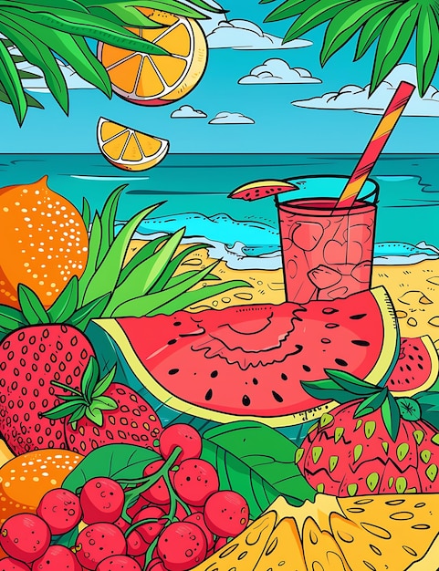 a drawing of strawberries and a strawberries on a beach