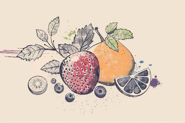 a drawing of a strawberry and an orange with a picture of fruit and a lemon