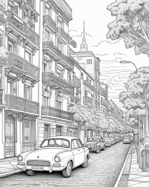 drawing of a street with cars and buildings in the background generative ai