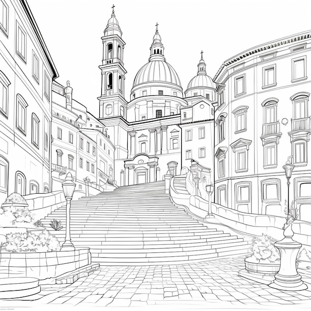 a drawing of a street with a lot of buildings and a clock tower generative ai