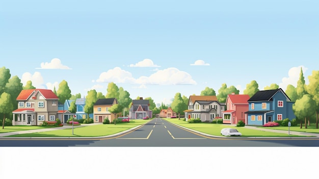 a drawing of a suburban street with houses and trees