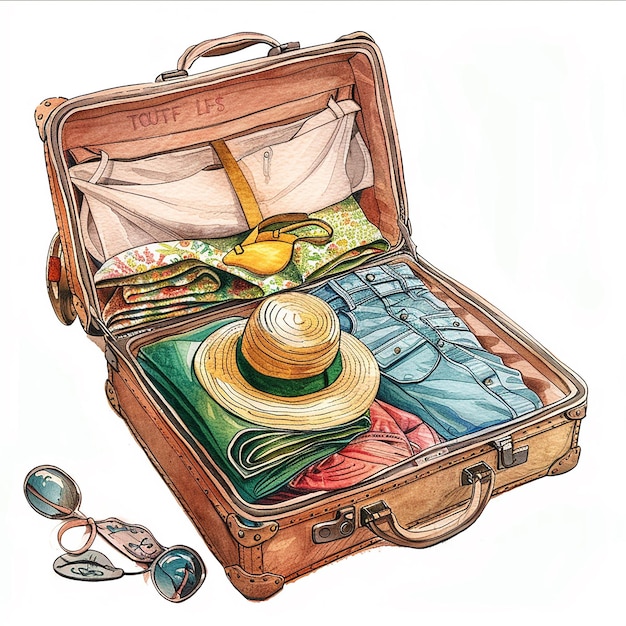 Photo a drawing of a suitcase with a straw hat on it