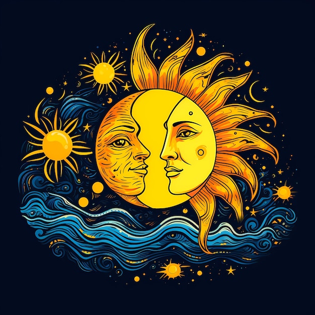 Drawing of sun and moon in the sky Generative AI