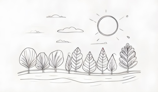 Photo a drawing of a sun and trees with the sun in the background