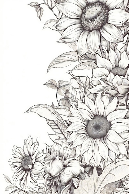 A drawing of sunflowers with leaves and flowers.