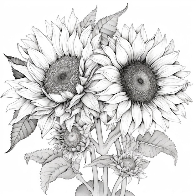 A drawing of sunflowers with the leaves on them.