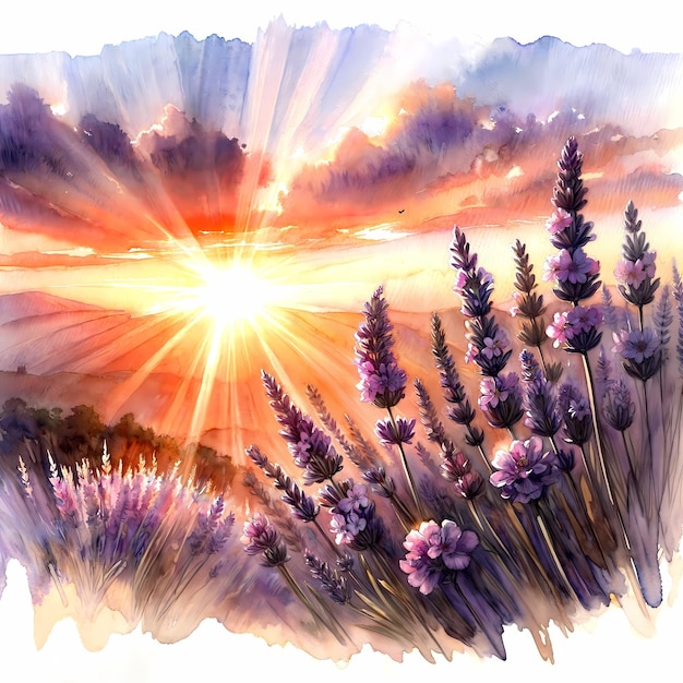 a drawing of a sunset with the sun shining through the clouds