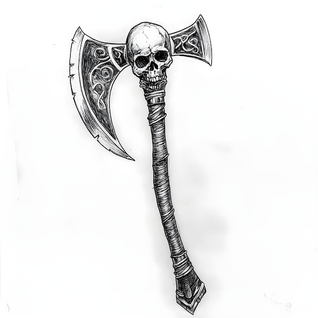 Photo a drawing of a sword with a skull on it