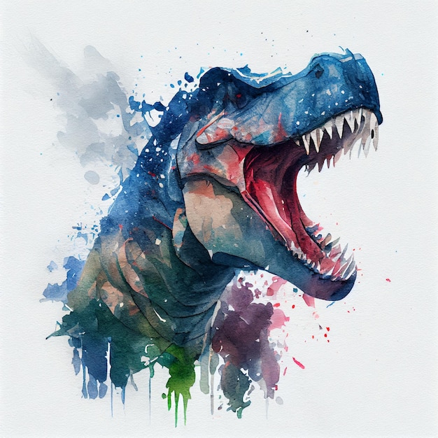 A drawing of a t rex with a blue mouth and a red lip.