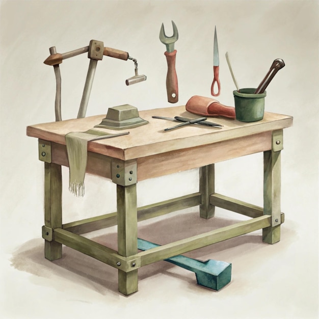 a drawing of a table with a hammer and tools on it