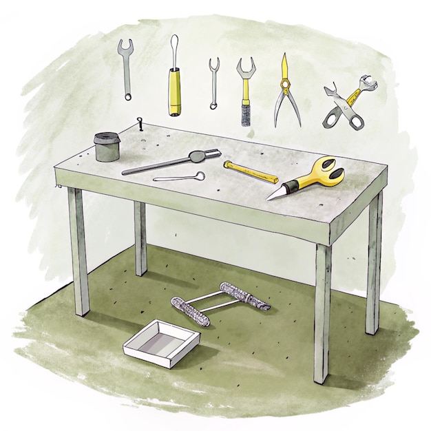 Photo a drawing of a table with tools and tools on it