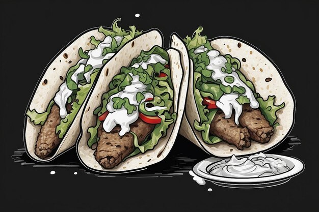 a drawing of a taco that has a picture of a chicken and vegetables