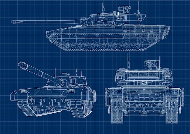 Drawing of the tank from different angles depicted in the drawing style