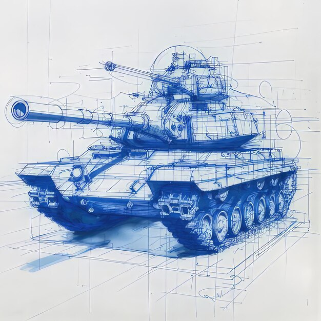 Photo a drawing of a tank with a blue background and a drawing of a tank with a large blue dot on the bottom