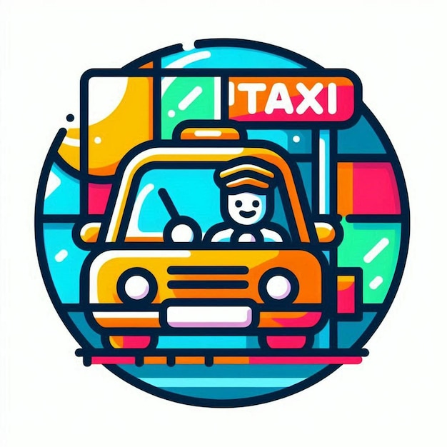 a drawing of a taxi with a woman driving in front of it