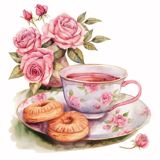 Photo a drawing of a teacup and a cup of tea and a plate with pink roses