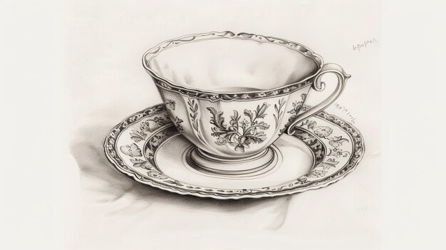 Photo a drawing of a teacup and saucer with a design on it