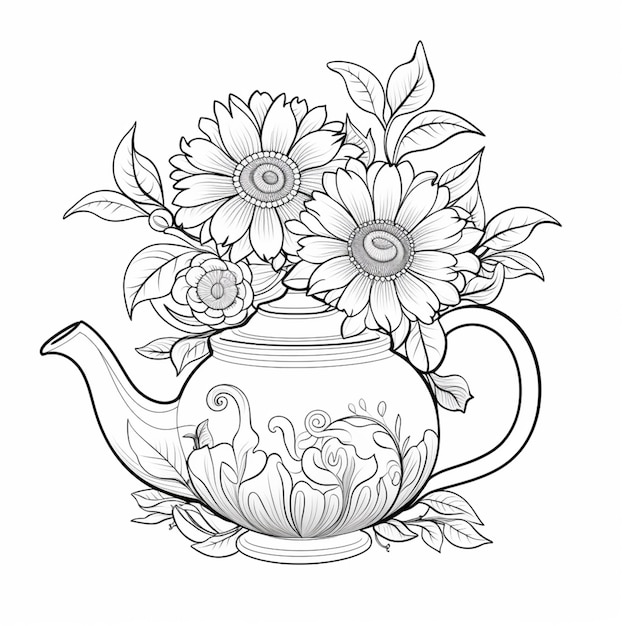 Photo a drawing of a teapot with flowers on it