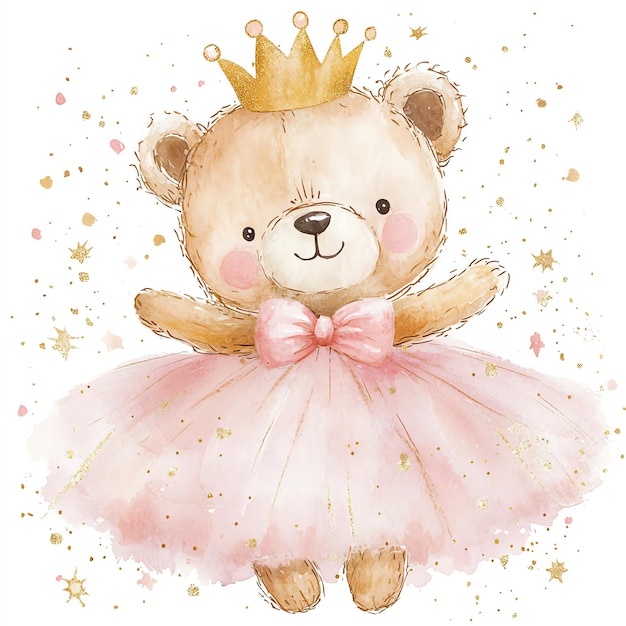 Photo a drawing of a teddy bear wearing a crown and a pink dress with gold glitter and glitter glitter