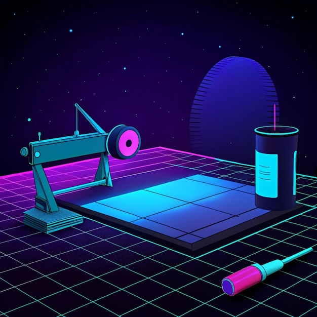 a drawing of a telescope with a blue and purple background