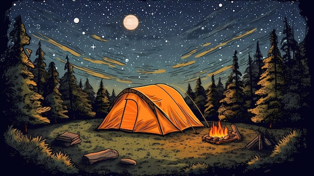 A drawing of a tent in the woods with the moon in the background.