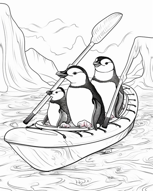 Photo a drawing of three birds in a boat with a log in the background