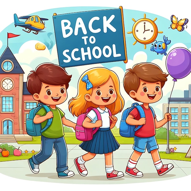 a drawing of three children with a sign that says back to school