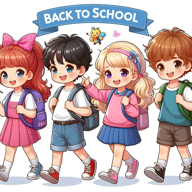 a drawing of three children with a sign that says back to school