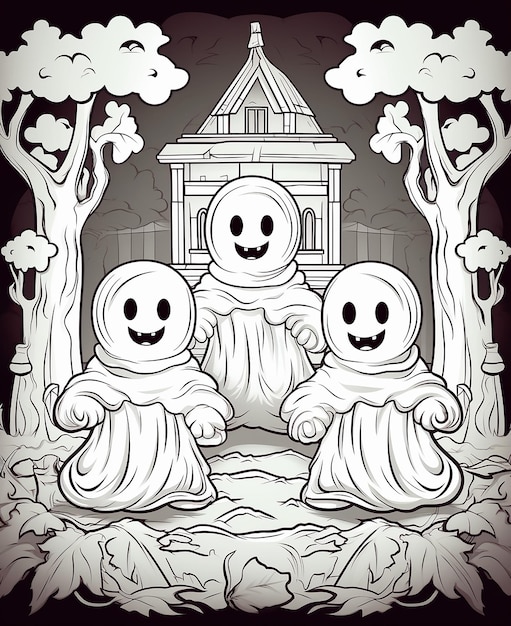 a drawing of three little angels with a house in the background