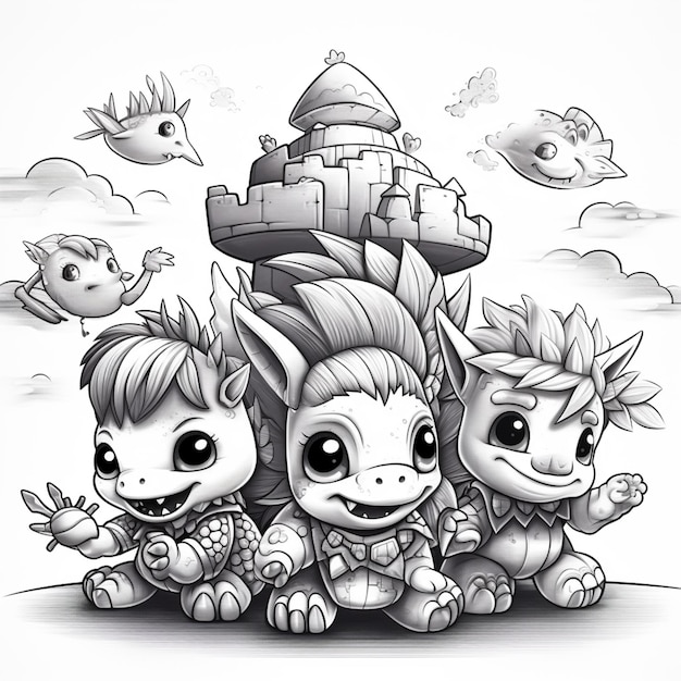 a drawing of three little dragons sitting in front of a castle generative ai