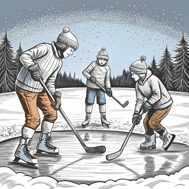 Photo a drawing of three people playing hockey in the snow