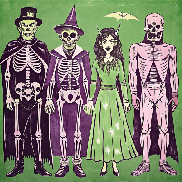 Photo a drawing of three skeletons with a woman and a bird on the front