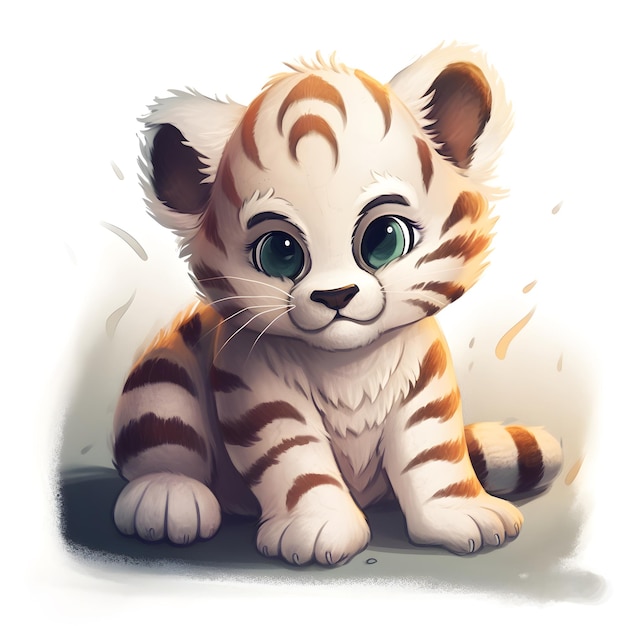 A drawing of a tiger cub with green eyes and a white tiger tail.