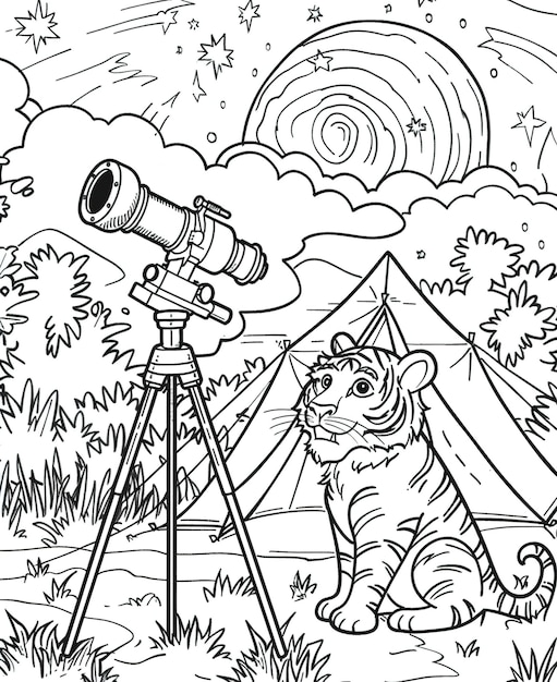 a drawing of a tiger looking at a telescope