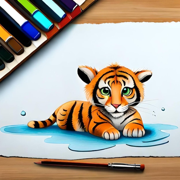 A drawing of a tiger sitting on a log with colored pencils