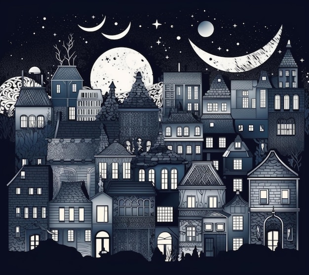 A drawing of a town with a moon and stars on it