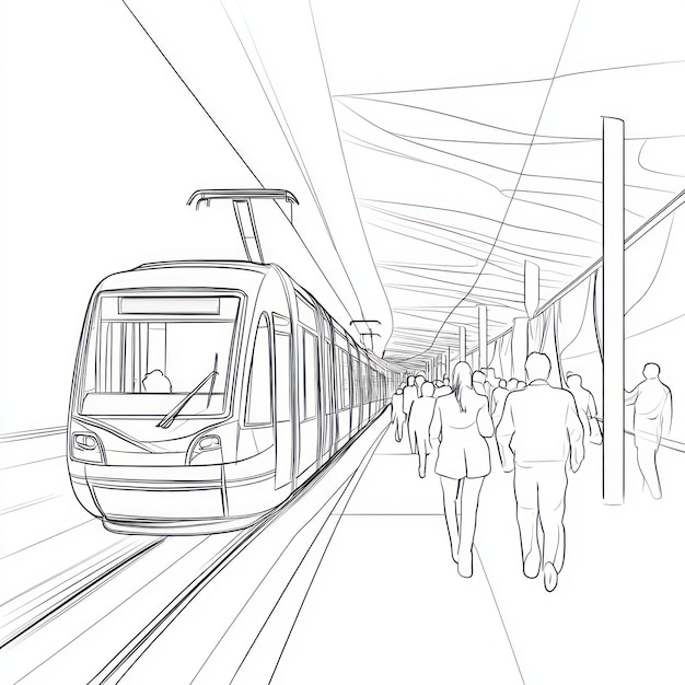 a drawing of a train that has a drawing of a train with people walking in it