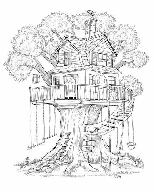 A drawing of a tree house with a spiral staircase.